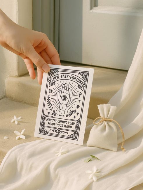 Grimoire and Goblet presents a 5x7 inch pearlescent greeting card. The design features a black linocut-style illustration of an open palm with an eye, surrounded by rays, keys, coins, and stars. The cover reads Luck Fate Fortune and May The Coming Year Favor Your Hand. The interior features a smaller hand icon and a printed blessing. The paper has a luxury silvery shimmer finish.