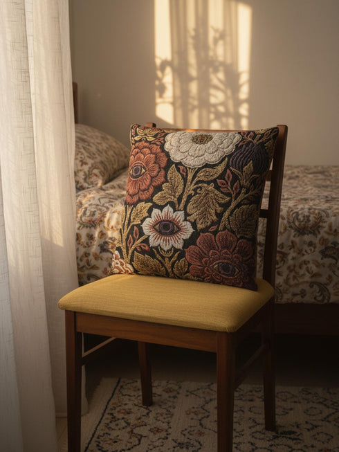 A square woven throw pillow featuring a surreal botanical design on a solid black background. The tapestry-style fabric showcases large, detailed flowers in shades of rust red, cream, and olive green. Nestled within the center of each prominent blossom is a detailed, human-like eye with a dark plum iris, creating a striking evil eye motif. The interwoven threads give the pillow a rich, textured appearance. The pillow is fully stuffed and sewn closed, presenting a smooth, seamless edge.