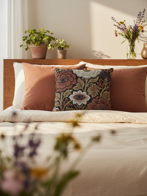 A square woven throw pillow featuring a surreal botanical design on a solid black background. The tapestry-style fabric showcases large, detailed flowers in shades of rust red, cream, and olive green. Nestled within the center of each prominent blossom is a detailed, human-like eye with a dark plum iris, creating a striking evil eye motif. The interwoven threads give the pillow a rich, textured appearance. The pillow is fully stuffed and sewn closed, presenting a smooth, seamless edge.