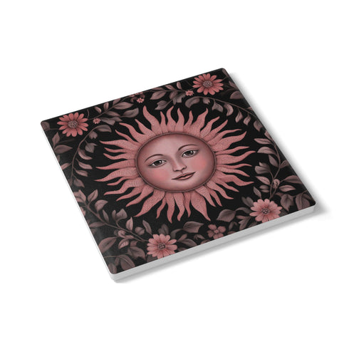 Celestial Rose Coaster – Ceramic Sun Face Square Beverage Protector