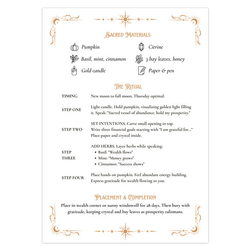 A 5x7 inch Prosperity Pumpkin ritual card shown on a flat surface. The card is made of thick, premium black card stock with a slight sheen. The front features an intricate, centrally-placed pumpkin illustration, ornately detailed with swirling patterns. The pumpkin and surrounding botanical elements, including leaves and cinnamon sticks, are rendered in a shimmering, gold and copper print. The words "Prosperity Pumpkin" and "Abundance & Fortune" are written in a serif font.