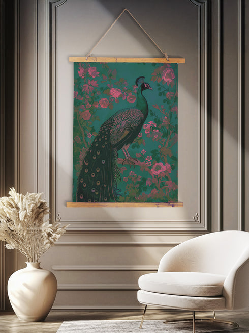 A wall tapestry featuring a detailed teal peacock with golden accents and intricate plumage, surrounded by ornate golden flowers and foliage on an emerald green background, mounted between wooden dowels with twine.