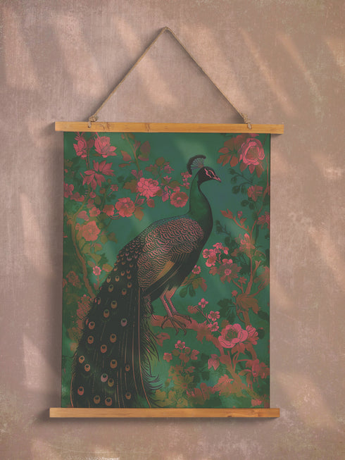 A wall tapestry featuring a detailed teal peacock with golden accents and intricate plumage, surrounded by ornate golden flowers and foliage on an emerald green background, mounted between wooden dowels with twine.