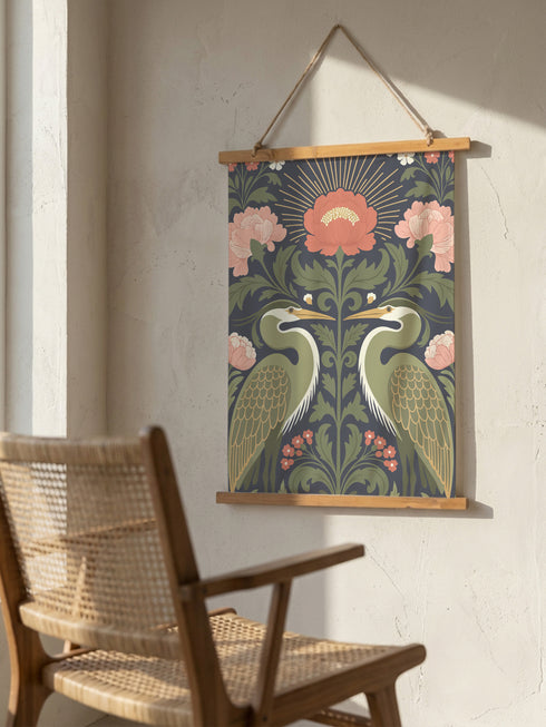 Vertical 26x36 inch wall tapestry by Grimoire and Goblet featuring a symmetrical design of two sage green herons facing each other. The birds are framed by dark green foliage, rust-colored berries, and large dusty pink peony flowers against a dark slate gray background. A golden radial sunburst sits at the top center. The smooth polyester fabric is suspended between two artisanal wooden dowels, hanging from a natural twine cord. The image features no background scene.