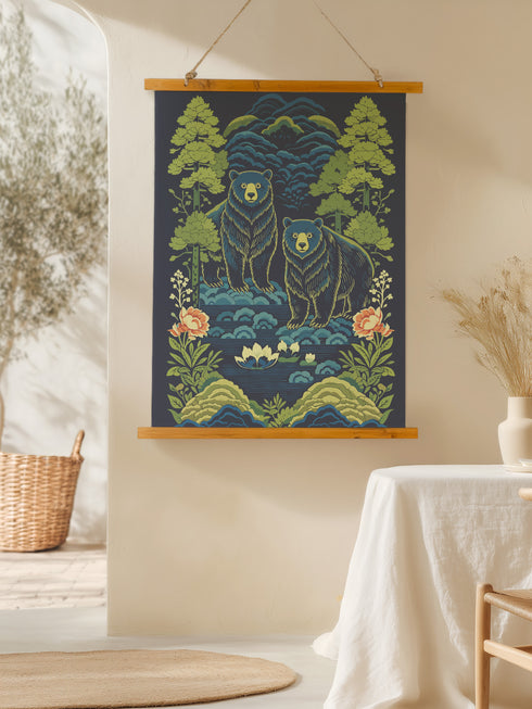 A vertical William Morris style art tapestry featuring a stylized brown bear surrounded by intricate Chinoiserie floral patterns in deep jewel tones of forest green, gold, and burgundy. The artwork is printed on soft, silky polyester fabric that drapes smoothly. The tapestry is mounted on a rustic stained wooden hanger with a twine cord for wall display. This wall hanging combines Dark Academia and Cottagecore aesthetics, reflecting the mystical design quality of Grimoire and Goblet products.