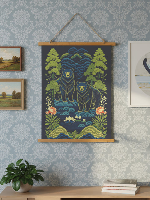 A vertical William Morris style art tapestry featuring a stylized brown bear surrounded by intricate Chinoiserie floral patterns in deep jewel tones of forest green, gold, and burgundy. The artwork is printed on soft, silky polyester fabric that drapes smoothly. The tapestry is mounted on a rustic stained wooden hanger with a twine cord for wall display. This wall hanging combines Dark Academia and Cottagecore aesthetics, reflecting the mystical design quality of Grimoire and Goblet products.