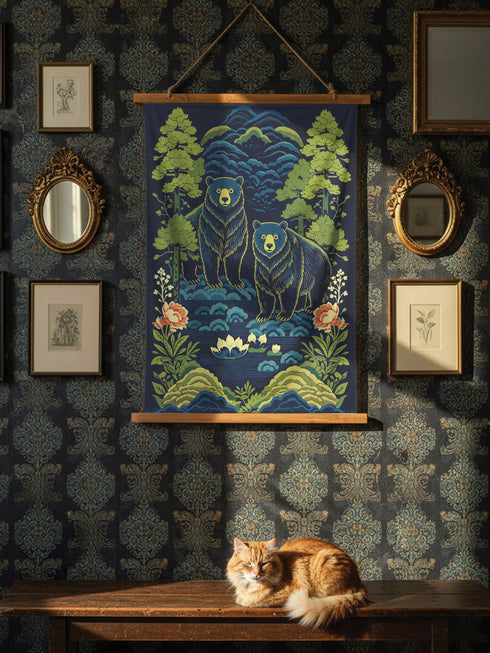 A vertical William Morris style art tapestry featuring a stylized brown bear surrounded by intricate Chinoiserie floral patterns in deep jewel tones of forest green, gold, and burgundy. The artwork is printed on soft, silky polyester fabric that drapes smoothly. The tapestry is mounted on a rustic stained wooden hanger with a twine cord for wall display. This wall hanging combines Dark Academia and Cottagecore aesthetics, reflecting the mystical design quality of Grimoire and Goblet products.