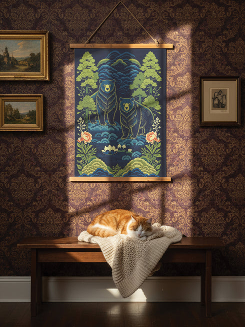 A vertical William Morris style art tapestry featuring a stylized brown bear surrounded by intricate Chinoiserie floral patterns in deep jewel tones of forest green, gold, and burgundy. The artwork is printed on soft, silky polyester fabric that drapes smoothly. The tapestry is mounted on a rustic stained wooden hanger with a twine cord for wall display. This wall hanging combines Dark Academia and Cottagecore aesthetics, reflecting the mystical design quality of Grimoire and Goblet products.