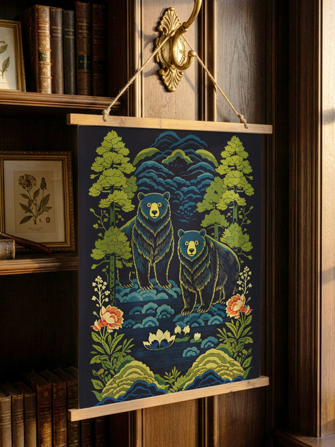 A vertical William Morris style art tapestry featuring a stylized brown bear surrounded by intricate Chinoiserie floral patterns in deep jewel tones of forest green, gold, and burgundy. The artwork is printed on soft, silky polyester fabric that drapes smoothly. The tapestry is mounted on a rustic stained wooden hanger with a twine cord for wall display. This wall hanging combines Dark Academia and Cottagecore aesthetics, reflecting the mystical design quality of Grimoire and Goblet products.