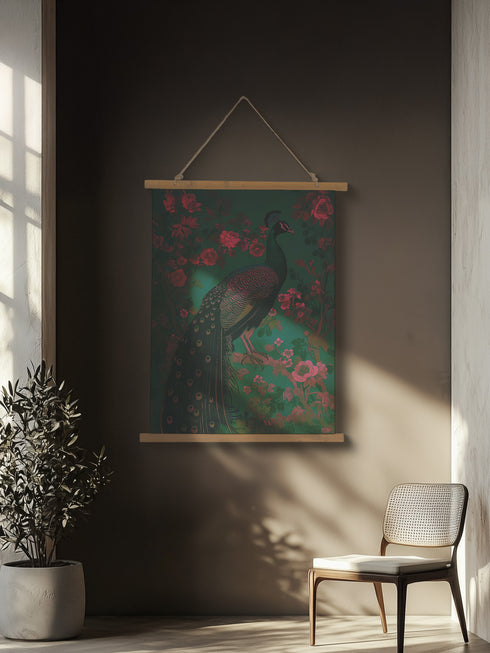 A wall tapestry featuring a detailed teal peacock with golden accents and intricate plumage, surrounded by ornate golden flowers and foliage on an emerald green background, mounted between wooden dowels with twine.