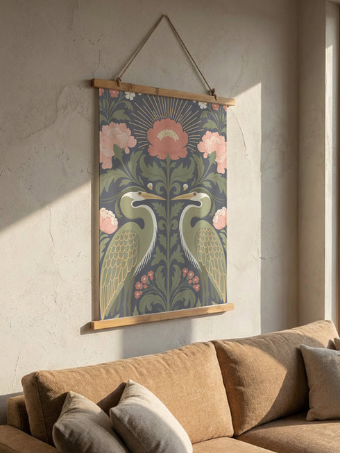 Vertical 26x36 inch wall tapestry by Grimoire and Goblet featuring a symmetrical design of two sage green herons facing each other. The birds are framed by dark green foliage, rust-colored berries, and large dusty pink peony flowers against a dark slate gray background. A golden radial sunburst sits at the top center. The smooth polyester fabric is suspended between two artisanal wooden dowels, hanging from a natural twine cord. The image features no background scene.