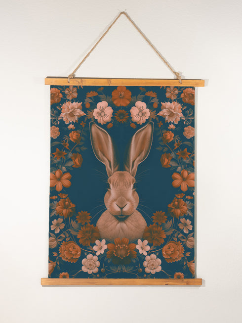 Large wall tapestry featuring a detailed rabbit portrait surrounded by copper and pink flowers on a deep teal background, mounted on wooden dowels with twine for hanging.