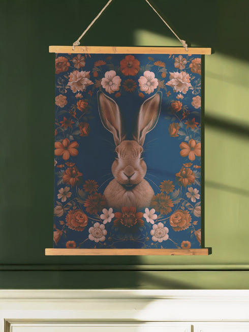 Large wall tapestry featuring a detailed rabbit portrait surrounded by copper and pink flowers on a deep teal background, mounted on wooden dowels with twine for hanging.