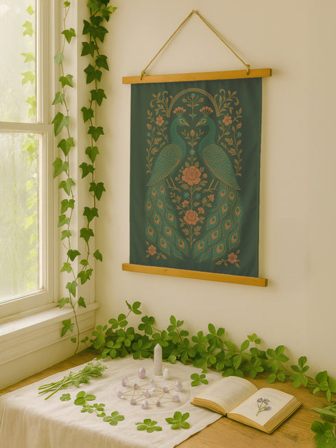 Vertical tapestry wall art measuring 26"x36" featuring two peacocks surrounded by floral vines in gold and teal on a deep green background. Includes a wooden top and bottom hanger with twine for easy wall mounting. Made of smooth polyester with a soft sheen and vibrant print. Ideal for gothic, botanical, or whimsical decor themes.