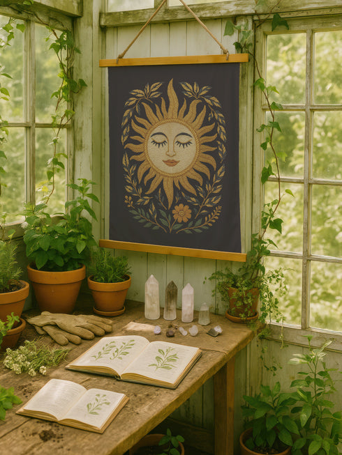 26x36 vertical tapestry featuring a feminine sun face surrounded by golden leaves and florals on a black background. Comes with stained wooden top and bottom dowels and natural twine for hanging. Made of silky polyester fabric with a smooth finish. Ideal for bohemian, celestial, or spiritual home decor themes.