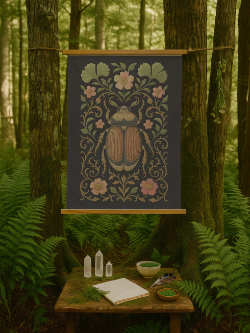 26x36 inch vertical wall tapestry printed on silky polyester fabric, featuring a detailed embroidered-style beetle surrounded by pink and green florals and curling botanical vines on a black background, with wooden hanger and twine at top and bottom. Art nouveau, vintage-inspired, cottagecore, gothic decor.