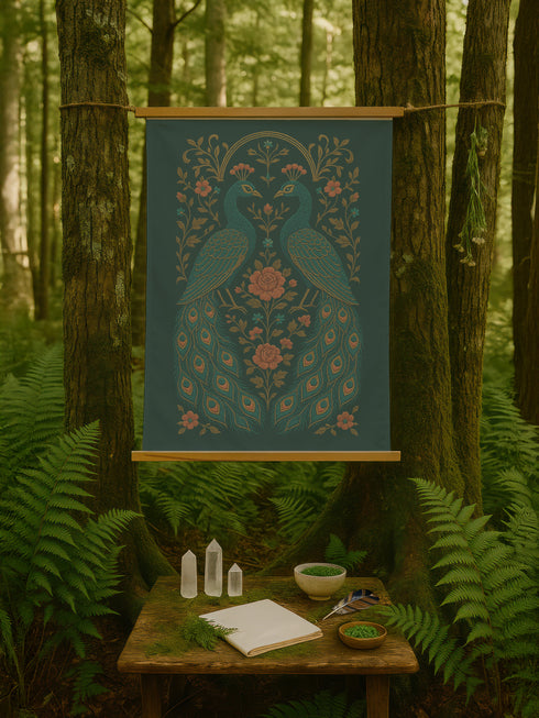 Vertical tapestry wall art measuring 26"x36" featuring two peacocks surrounded by floral vines in gold and teal on a deep green background. Includes a wooden top and bottom hanger with twine for easy wall mounting. Made of smooth polyester with a soft sheen and vibrant print. Ideal for gothic, botanical, or whimsical decor themes.