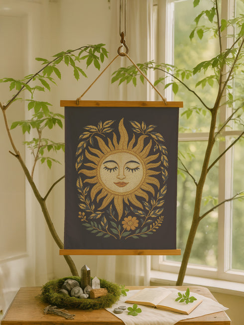 26x36 vertical tapestry featuring a feminine sun face surrounded by golden leaves and florals on a black background. Comes with stained wooden top and bottom dowels and natural twine for hanging. Made of silky polyester fabric with a smooth finish. Ideal for bohemian, celestial, or spiritual home decor themes.