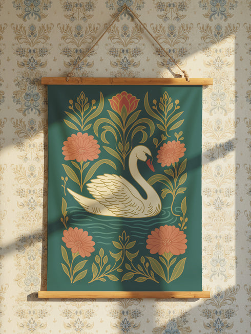 A 26x36 inch Art Nouveau wall scroll from Grimoire and Goblet. Crafted from silky premium polyester, it features a white swan with gold-accented feathers gliding through blue-green water, framed by vining olive foliage and salmon-pink chrysanthemums. A red-orange tulip blooms at the top. Suspended from stained wooden dowels with a natural twine rope, this tapestry evokes a mystical, gothic-botanical elegance.
