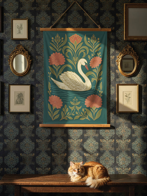 A 26x36 inch Art Nouveau wall scroll from Grimoire and Goblet. Crafted from silky premium polyester, it features a white swan with gold-accented feathers gliding through blue-green water, framed by vining olive foliage and salmon-pink chrysanthemums. A red-orange tulip blooms at the top. Suspended from stained wooden dowels with a natural twine rope, this tapestry evokes a mystical, gothic-botanical elegance.