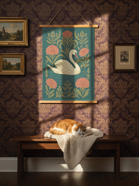 A 26x36 inch Art Nouveau wall scroll from Grimoire and Goblet. Crafted from silky premium polyester, it features a white swan with gold-accented feathers gliding through blue-green water, framed by vining olive foliage and salmon-pink chrysanthemums. A red-orange tulip blooms at the top. Suspended from stained wooden dowels with a natural twine rope, this tapestry evokes a mystical, gothic-botanical elegance.