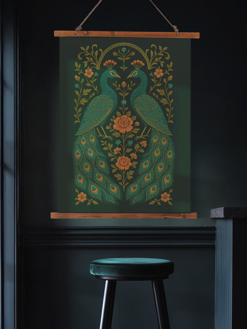 Vertical tapestry wall art measuring 26"x36" featuring two peacocks surrounded by floral vines in gold and teal on a deep green background. Includes a wooden top and bottom hanger with twine for easy wall mounting. Made of smooth polyester with a soft sheen and vibrant print. Ideal for gothic, botanical, or whimsical decor themes.