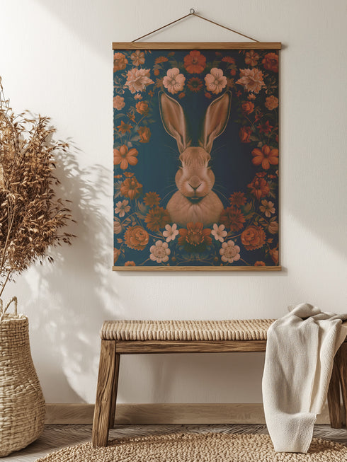 Large wall tapestry featuring a detailed rabbit portrait surrounded by copper and pink flowers on a deep teal background, mounted on wooden dowels with twine for hanging.