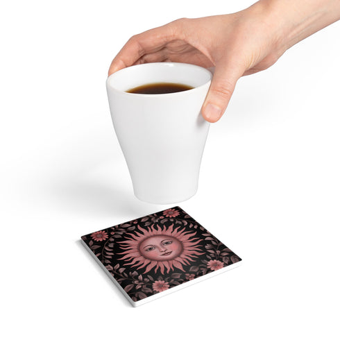 Celestial Rose Coaster – Ceramic Sun Face Square Beverage Protector