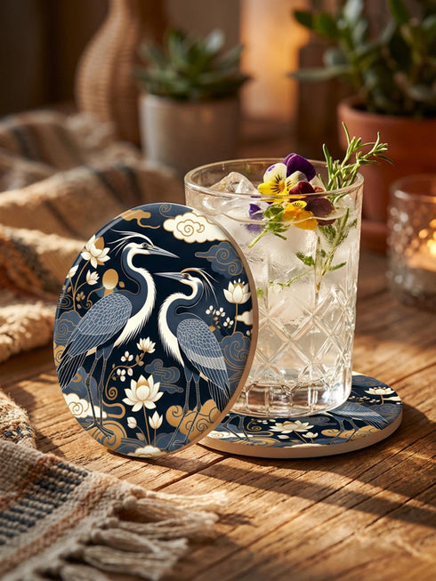 A round 4-inch drink coaster by Grimoire and Goblet. The coaster features a highly reflective glossy top surface displaying two Great Blue Herons, lotus flowers, and stylized clouds in metallic antique gold and slate blue against a solid, deep navy blue background. The edges reveal a natural brown, porous cork backing underneath. The intricate design resembles vintage Chinoiserie and botanical natural history art, perfectly suited for protecting tables from beverages.
