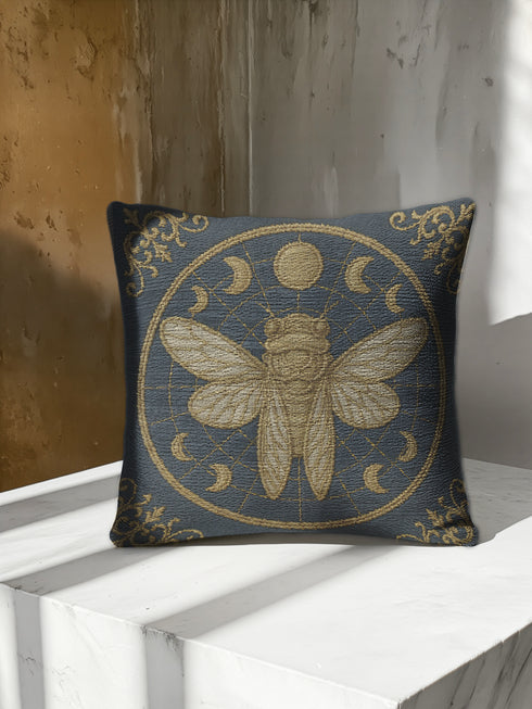 A square woven tapestry pillow in charcoal grey and metallic gold thread, exuding a premium, artisan quality. The central design features a large, detailed cicada, a key motif in entomology decor, encircled by celestial moon phases. This blend of mystical and dark botanical elements is ideal for Whimsigoth, Gothic, and Dark Academia aesthetics. Ornate Victorian flourishes in the corners complete this luxurious, double-sided piece of functional art, perfect as a statement pillow.