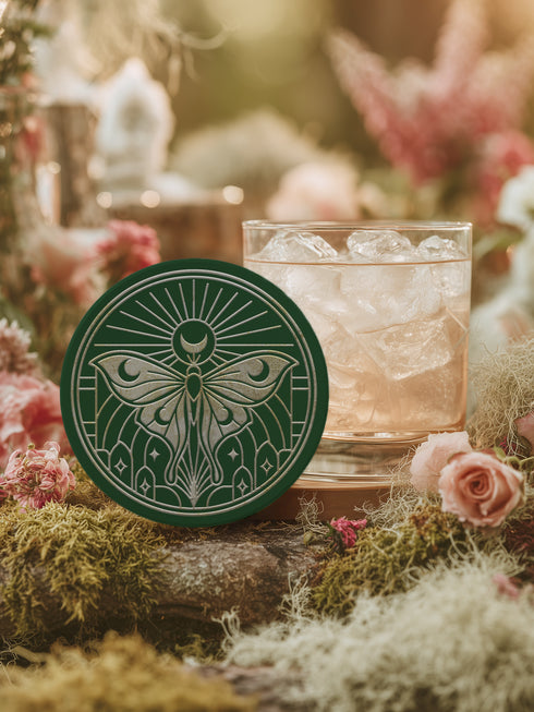 A round, dark hunter green ceramic drink coaster with a non-slip cork back. The top surface features an intricate, engraved-style celestial moth design in a light beige or off-white color. The luna moth is centered under a crescent moon and a radiant sunburst. The design is symmetrical and includes stars and geometric line art, evoking a gothic, witchy, and spiritual aesthetic. The coaster has a matte finish and is designed as a piece of functional art.