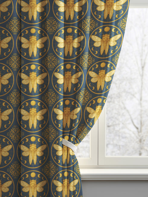 A single panel of a heavyweight blackout curtain with a rich, satiny texture. The design features a repeating pattern of large, golden cicadas, each framed within a celestial moon phase circle on a dark charcoal background. This moody entomology and lunar art is ideal for Dark Academia, Gothic, and Witchy interior aesthetics, providing both a dramatic statement piece and functional light-blocking for a bedroom, library, or living room.