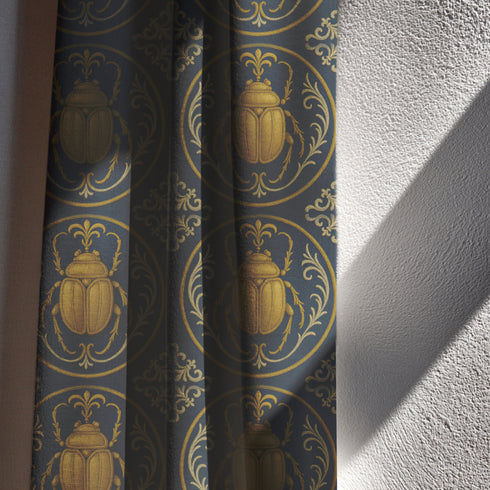 A single panel of a heavyweight blackout curtain with a rich, satiny texture. The design features a repeating pattern of ornate, golden scarab beetles, each framed within a Victorian-style botanical circle on a dark charcoal background. This moody entomology art is ideal for Dark Academia, Gothic, and Maximalist interior aesthetics, providing both a dramatic statement piece and functional light-blocking for a bedroom, library, or living room.