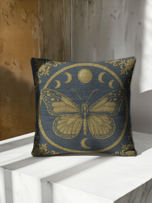 A square woven tapestry pillow in charcoal grey and metallic gold thread, embodying a premium, artisan feel. The central design features an intricate butterfly, a nod to entomology decor, encircled by a celestial moon phase motif. This combination of mystical and dark botanical elements makes it ideal for Whimsigoth, Gothic, and Dark Academia aesthetics. Ornate Victorian flourishes in the corners complete this luxurious, double-sided piece of functional art.