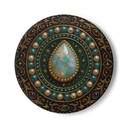 Round ceramic coaster with a central opal teardrop design surrounded by baroque-style celestial elements including pearls, stars, and ornate gold detailing. Deep green and jewel-toned accents frame the mystical illustration. The coaster includes a non-slip cork backing and measures about 4 inches in diameter. Ideal for both hot and cold drinks, it fits whimsigoth, celestial, and antique-inspired home decor themes.
