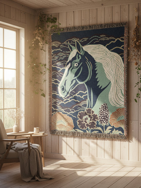 A Grimoire and Goblet woven cotton blanket featuring a large, stylized horse head in sage green and teal against a deep midnight navy background with wave patterns. The bottom edge features woven floral motifs in rust orange and deep plum. The design is a jacquard weave, not printed, with visible thread texture and multi-colored fringe edges. Chinoiserie and Art Nouveau style equestrian tapestry throw.
