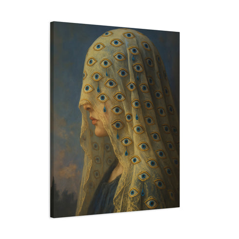 A rectangular matte canvas art print featuring a surrealist portrait of a woman in profile against a dark, cloudy sky. Her face is obscured by a delicate, translucent veil adorned with a repeating pattern of blue and gold all-seeing eyes. Several eyes are shedding deep blue tears that drip down the fabric. The artwork employs a classical, painterly style with a moody palette of blues, golds, and deep shadows, evoking a gothic and enigmatic atmosphere.