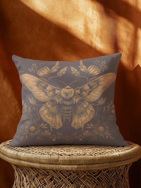 A decorative pillow cover featuring an intricately detailed Luna moth illustration in antique gold on a smoke gray background, surrounded by symmetrical botanical elements including flowers and delicate foliage.