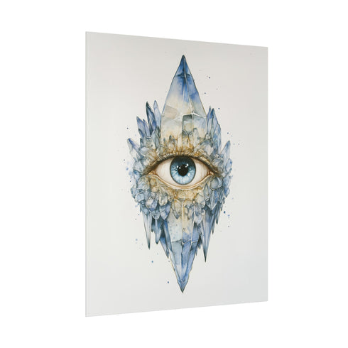Mystical all-seeing eye fine art print featuring luminous blue eye surrounded by ethereal crystal formations and golden botanical elements, rendered in celestial blue and amber tones with spiritual gothic aesthetic, perfect for occult home decor meditation spaces and witchy wall art collections.