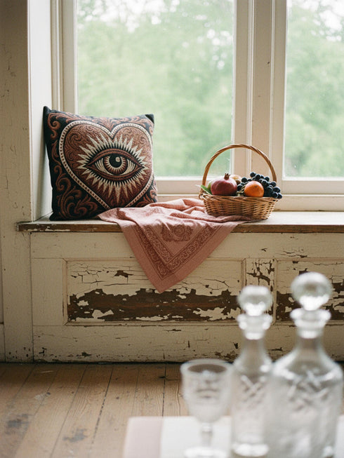 Square jacquard woven throw pillow measuring 17 by 18 inches. The design features a large central heart in rust and terracotta framing a detailed, unblinking eye with a black pupil, surrounded by cream colored jagged radiating rays. The solid black background is accented in the corners by ornate, curling cream botanical scrolls. Interlocking threads create a highly textured tapestry cloth, woven identically on the front and back faces, finished with a cleanly sewn closed edge.