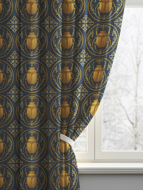 A single panel of a heavyweight blackout curtain with a rich, satiny texture. The design features a repeating pattern of ornate, golden scarab beetles, each framed within a Victorian-style botanical circle on a dark charcoal background. This moody entomology art is ideal for Dark Academia, Gothic, and Maximalist interior aesthetics, providing both a dramatic statement piece and functional light-blocking for a bedroom, library, or living room.