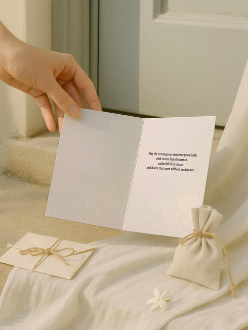 A vertical 5x7 inch pearlescent greeting card by Grimoire and Goblet featuring a high-contrast black woodcut-style illustration. The design centers on a gothic cathedral archway framing a glowing candle and a winding path leading forward. Surrounding the arch are intricate floral vines and stars. A banner at the top reads A YEAR OF OPEN DOORS in serif typography. The paper has a subtle silvery shimmer. The inside contains a printed poem about warmth and promise. Perfect for spiritual gifting.