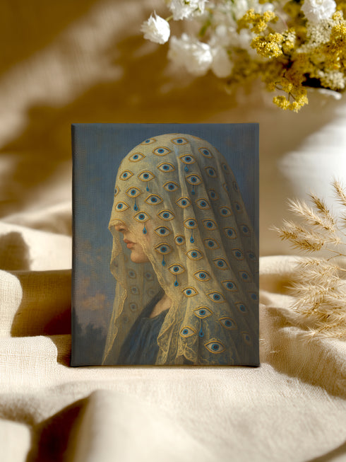 A rectangular matte canvas art print featuring a surrealist portrait of a woman in profile against a dark, cloudy sky. Her face is obscured by a delicate, translucent veil adorned with a repeating pattern of blue and gold all-seeing eyes. Several eyes are shedding deep blue tears that drip down the fabric. The artwork employs a classical, painterly style with a moody palette of blues, golds, and deep shadows, evoking a gothic and enigmatic atmosphere.