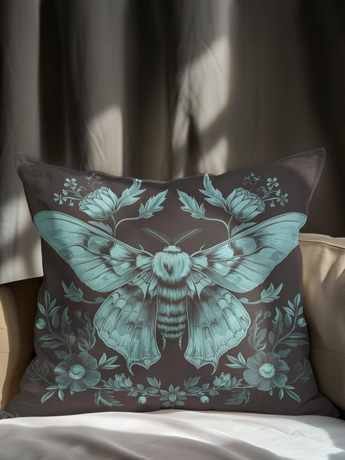 A decorative pillow cover featuring a large Luna moth illustration in seafoam green on a smoke gray background, surrounded by botanical flourishes and flowers in a symmetrical design.