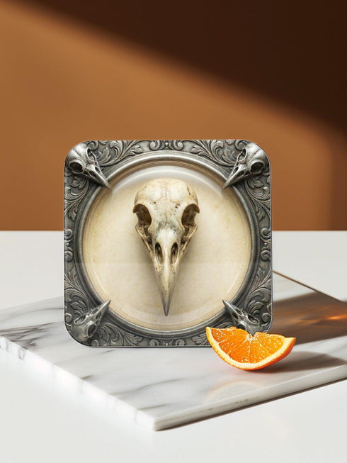 A set of four square 4x4 inch coasters by Grimoire and Goblet. Each features a unique avian skull specimen: a hooked raptor, a slender insectivore, a straight-billed corvid, and a scavenger. Designs are framed by silver faux-texture scrollwork on aged parchment. The coasters have a reflective high-gloss finish and tan cork backing. A perfect companion for a gothic goblet or grimoire study.