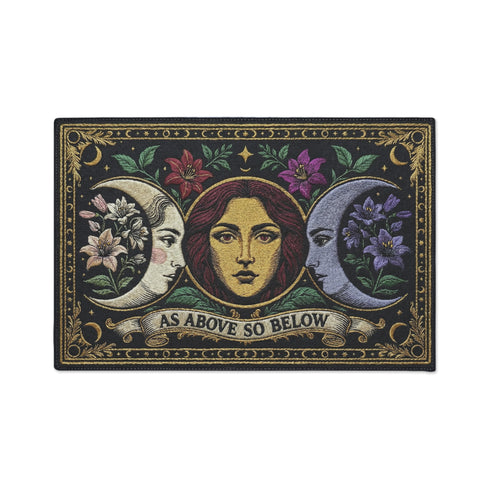 A triple moon doormat featuring the sacred symbol of maiden, mother, and crone, rendered in antique gold on a black ground with botanical detailing—designed for witchy homes, Wiccan spaces, and those drawn to divine feminine symbolism