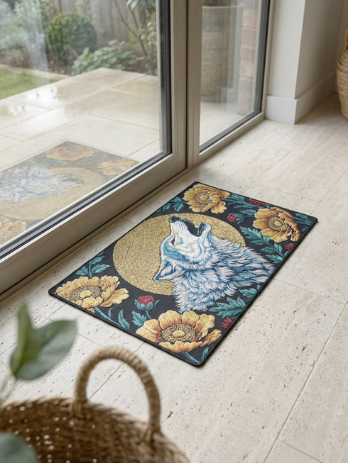 Grimoire and Goblet rectangular doormat featuring a faux embroidery style printed design of a howling wolf with blue and ivory fur, centered in front of a textured antique gold circular moon disc, surrounded by large golden yellow flowers, teal leaves, and small red berry accents on a dark charcoal background. Entryway rug with black trim, non slip backing, and botanical nature inspired mystical design.