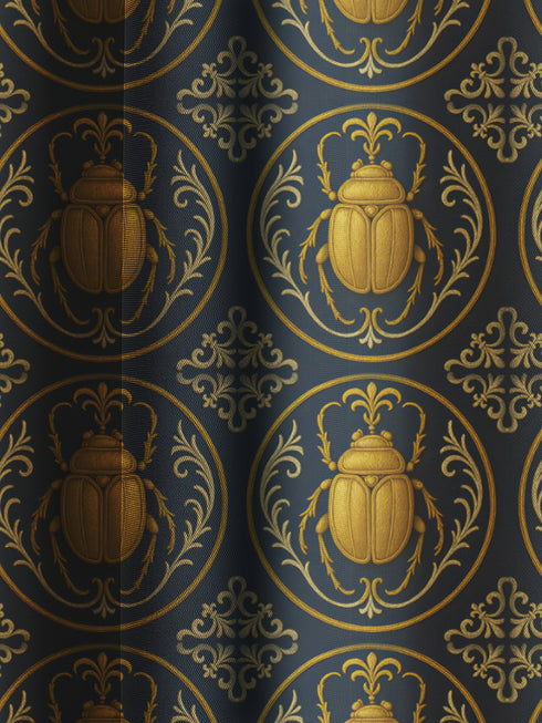 A single panel of a heavyweight blackout curtain with a rich, satiny texture. The design features a repeating pattern of ornate, golden scarab beetles, each framed within a Victorian-style botanical circle on a dark charcoal background. This moody entomology art is ideal for Dark Academia, Gothic, and Maximalist interior aesthetics, providing both a dramatic statement piece and functional light-blocking for a bedroom, library, or living room.