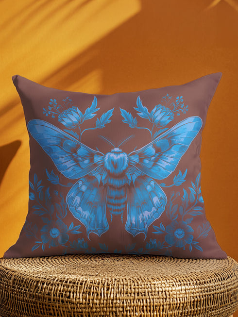 A decorative pillow cover featuring a large Luna moth illustration in electric blue on a rich chocolate brown background, adorned with symmetrical botanical elements and flowers in a detailed vintage naturalist style.