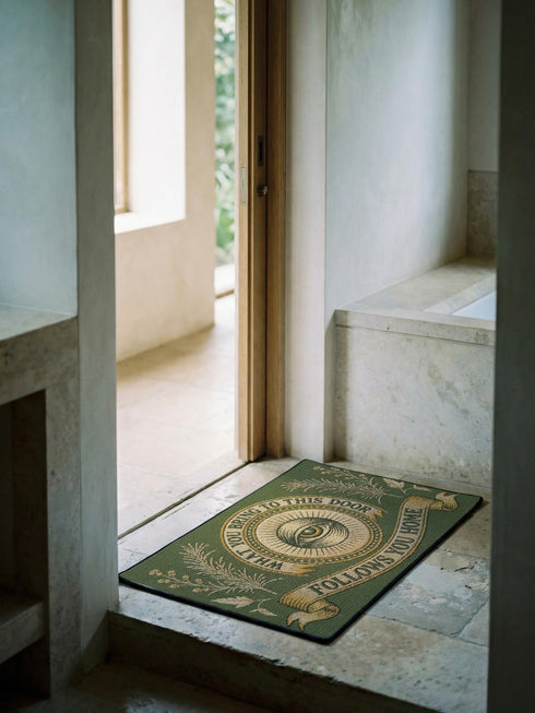 A rectangular doormat featuring a printed faux embroidery design on a muted olive green background. The symmetrical artwork centers on an all-seeing eye inside a circular medallion with a radiating sunburst pattern. An antique gold banner curves above reading WHAT YOU BRING TO THIS DOOR. A matching banner below reads FOLLOWS YOU HOME. The central eye is flanked by detailed botanical fern fronds and delicate wildflowers. The mat is finished with a sleek black fabric border trim.